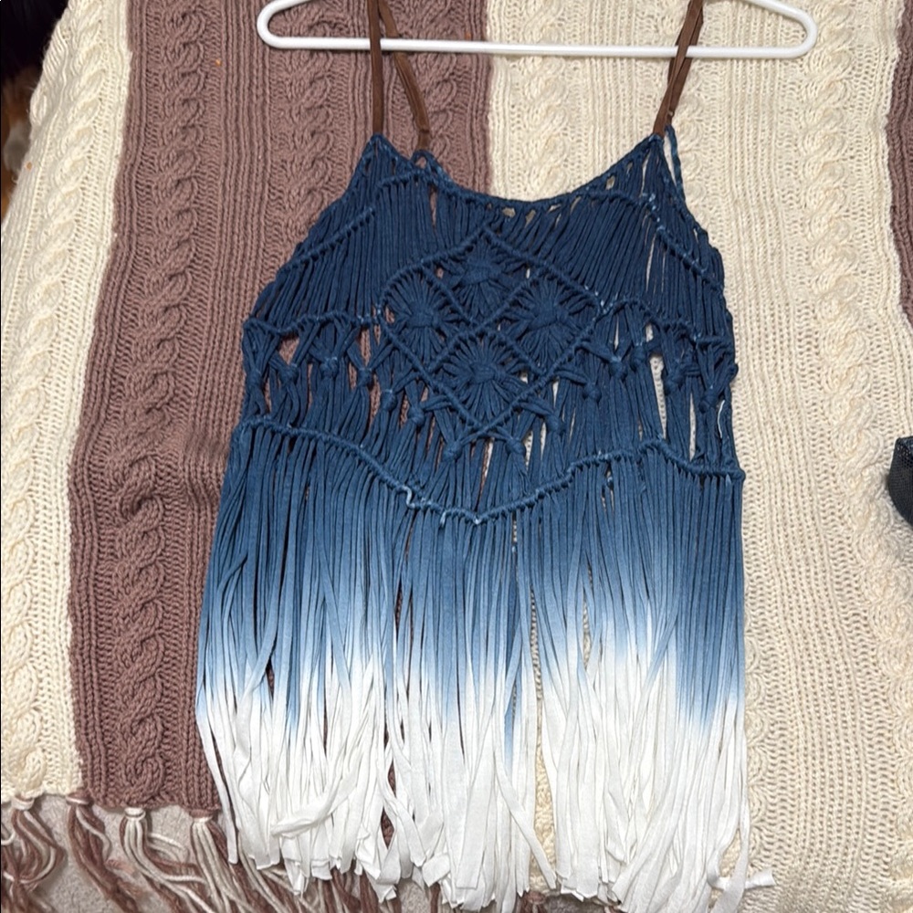 Miss Me Blue and White Fringe/Macramae Top